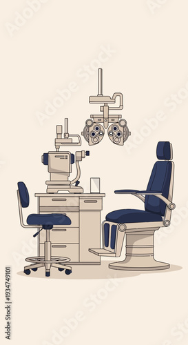 Illustrated View of an Optometry Clinic Interior Featuring Specialized Medical Equipment