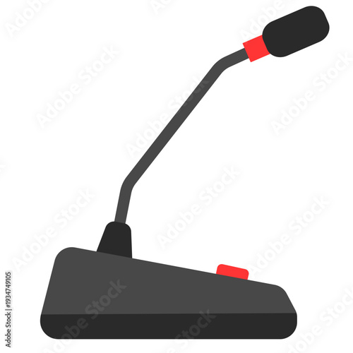 Gray desktop microphone with red accents perfect for conferencing, recording, broadcasting, and communication with flat design style.