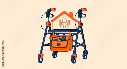 Illustrated Walker and Elderly Home Care Symbolizing Support and Assistance