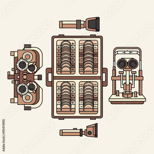 Illustrated Optometry Equipment: A Detailed Vector Graphic Depicting Eye Examination Tools