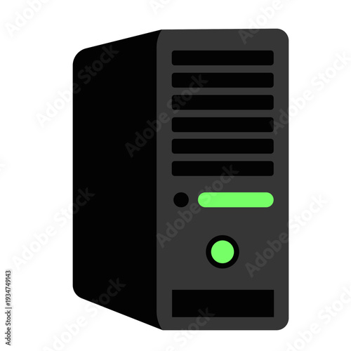 Black computer tower PC case ideal for desktop computing, gaming setups, professional workstations, and technology illustrations with flat design.