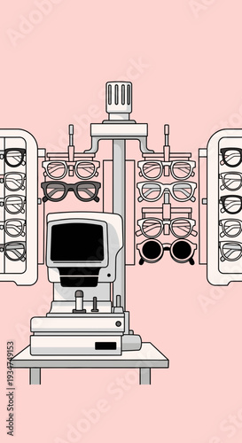Illustrated Optometry Equipment and Eyewear Display Against a Pastel Pink Backdrop