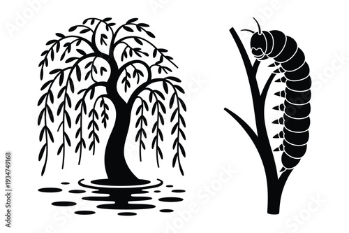 Weeping Willow Tree and Caterpillar Insect Silhouette Vector Nature