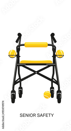 Illustrated Walker Depicting Mobility Support for Seniors with Yellow Accents and Tennis Balls
