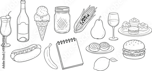 Hand drawn food and drink icon set, fruits vegetables desserts wine burger outline vector illustration collection