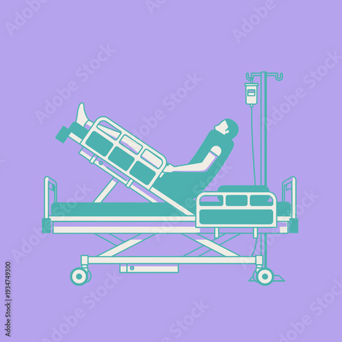 Illustrated Patient Resting in Hospital Bed with Medical Supplies on Lilac Background