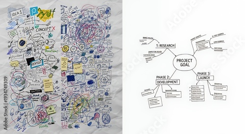 Dual composition: left side messy brainstorming scribbles overlapping; right side single clean mind map clearly structured on white background