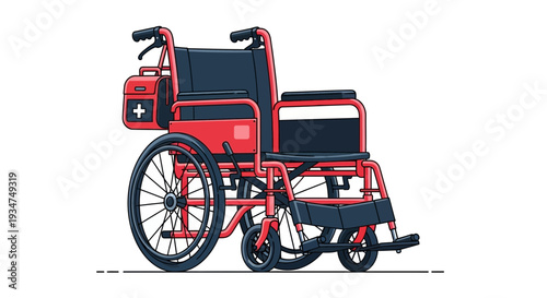 Illustrated Wheelchair With Medical Bag, Ready For Assistance, On White Background