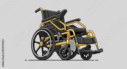 Illustrated Wheelchair in Black And Yellow Isolated on a Simple Gray Background Design