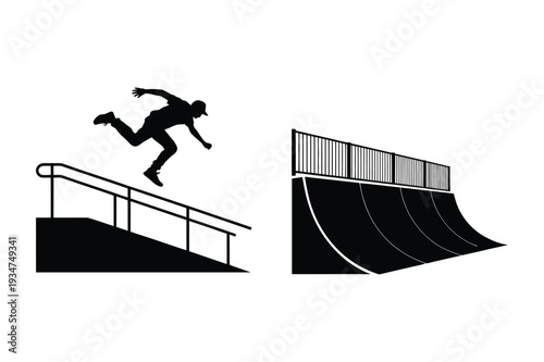 Dynamic Skater Doing Tricks on Rail with Skate Park Ramp Illustration