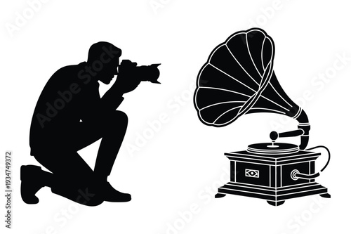 Photographer Taking Shot and Retro Gramophone Music Player Illustration