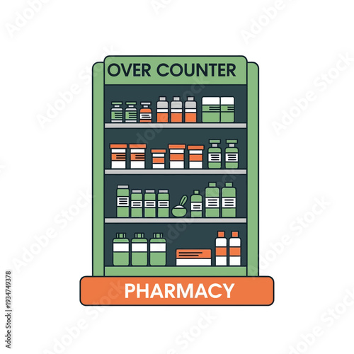 Illustrated Pharmacy Cabinet Displaying Over-the-Counter Medications for Healthcare Needs