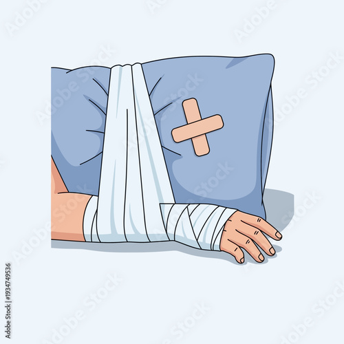 Illustration Depicting Arm Injury with Bandage and Support, Seeking Recovery and Healing