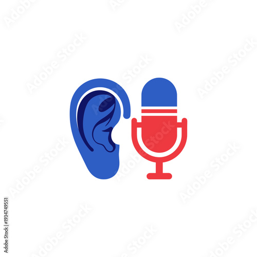 Illustration Depicting Audio Communication, Ear Symbol, Microphone Icon, Blue and Red Design