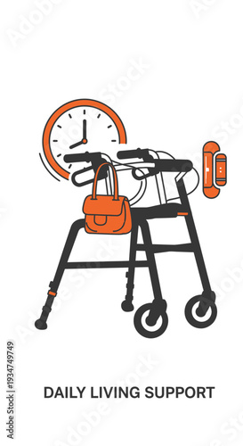 Illustration Depicting Daily Assistance Aids, Highlighting Mobility Support and Time Management