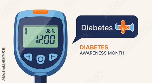 Illustration Depicting Diabetes Awareness Month, Featuring Blood Glucose Monitor And Symbol