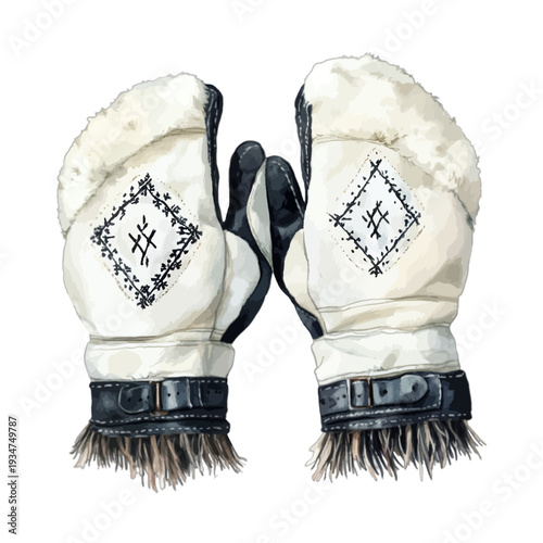 Watercolor white fur mittens with black diamond pattern and fringe