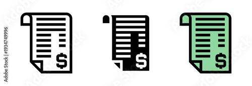 Conjunto de iconos de factura monetaria. Documentación contable, registro de ingresos, comprobante de pago, control presupuestario, gestión administrativa. Ilustración vectorial