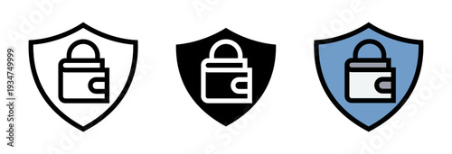 Conjunto de iconos de protección financiera. Seguridad económica, resguardo monetario, blindaje de activos, garantía de inversión. Ilustración vectorial