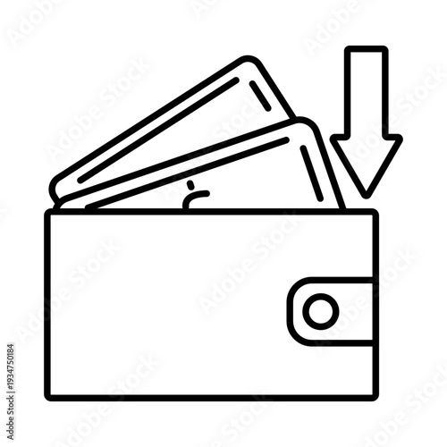 Inflation. Leather wallet sign with dollar bills inside, arrow down. Symbol of money value decrease. Linear vector illustration.