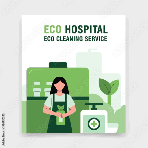 Illustration Depicting Eco-Friendly Hospital Cleaning Service with Healthcare Professional