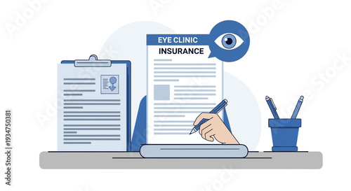 Illustration Depicting Eye Clinic Insurance and Essential Vision Care Paperwork, Documents