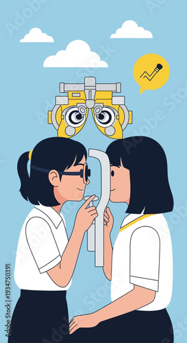 Illustration Depicting Eye Exam, Vision Check, and Ophthalmic Examination Process for Optometry