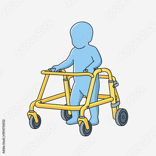 Illustration Of A Blue Figure Using A Yellow Walker For Physical Rehabilitation And Mobility Aid