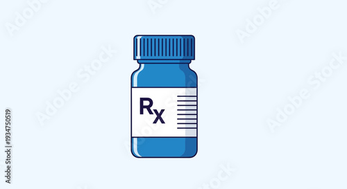 Illustration Of A Blue Pill Bottle With Prescription Label, Medical Concept
