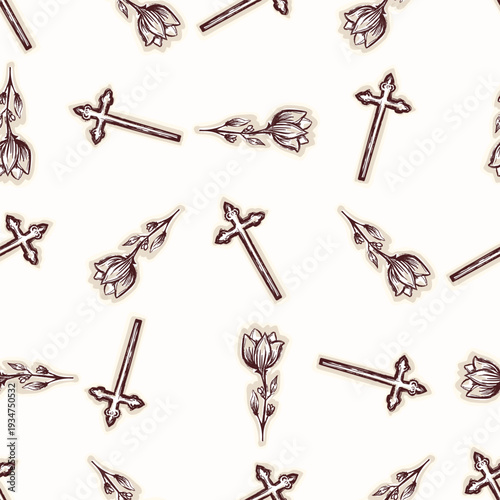 Christian cross seamless vector pattern. Hand drawn religious crucifix vintage illustration for wallpaper background. Catholic symbol all over print. 