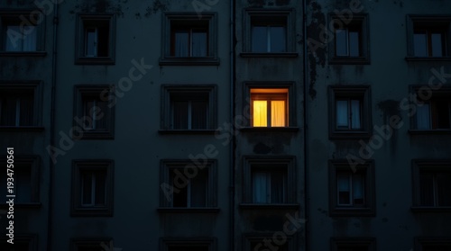Single lit apartment window in a dark residential building during an urban blackout, showing contrast between warm indoor light and dim city surroundings at night