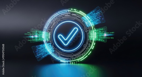 Digital checkmark concept with glowing neon light and abstract data streams