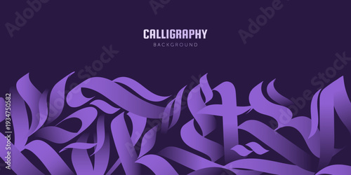 Abstract background with modern decorative neo gothic calligraphy in purple tones on a dark backdrop. Flowing curved ornamental letterforms. Ideal for banner, header, poster, branding, wallpaper.