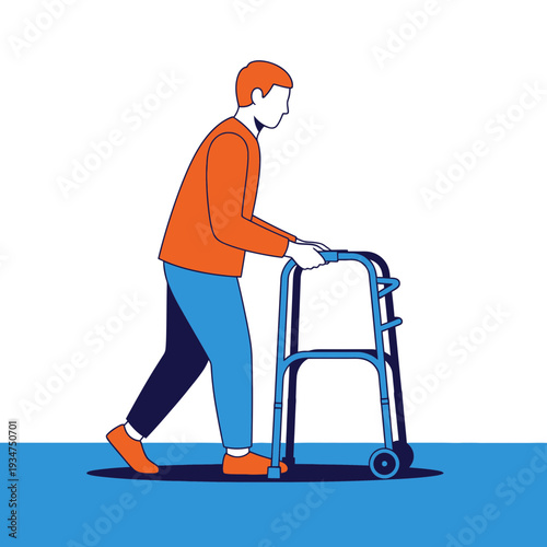 Illustration Depicting Mobility Challenges: An Elderly Person Using a Walker in Modern Style