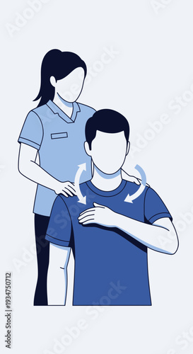 Illustration Depicting Neck and Shoulder Rehabilitation Exercise with Guidance and Direction