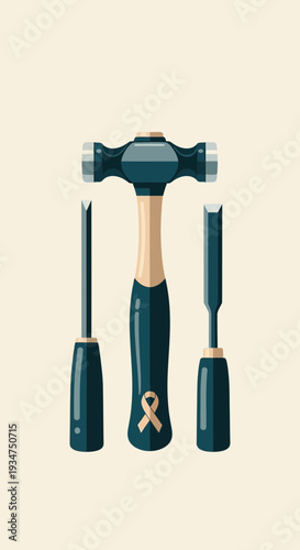 Illustration Of A Dark Blue Hammer With Two Chisels, A Symbol Of Craftsmanship And Repair