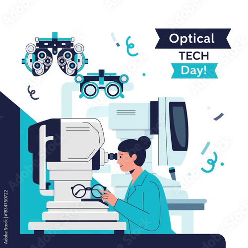Illustration Depicting Optometrist Performing Eye Exam During Optical Tech Day Celebration