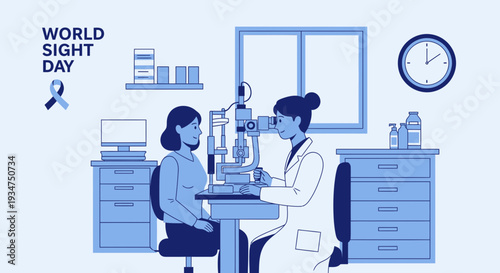 Illustration Depicting Ophthalmologist Examining Patient During World Sight Day