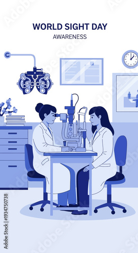 Illustration Depicting Optometrists Conducting Eye Exam During World Sight Day Awareness Campaign