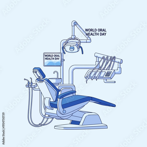 Illustration Of A Dental Chair, Equipment, And Text, Suitable For Oral Health Day Celebration