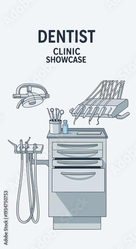 Illustration Of A Dental Clinic Equipment Displayed With A Minimalist Aesthetic