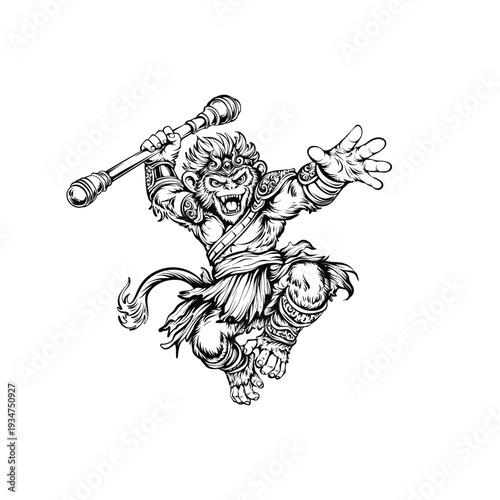 Photography Dynamic Monkey King Illustration with Staff