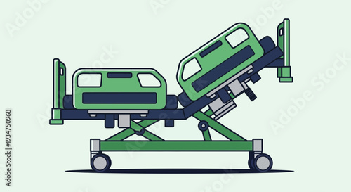 Illustration Of A Green Hospital Bed With Adjustable Positions And Rolling Wheels