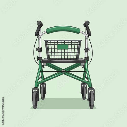 Illustration Of A Green Mobility Walker With A Basket And Seat For Assisted Movement