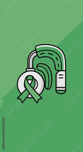 Illustration of a Hearing Device with a Green Ribbon, Representing Awareness and Support