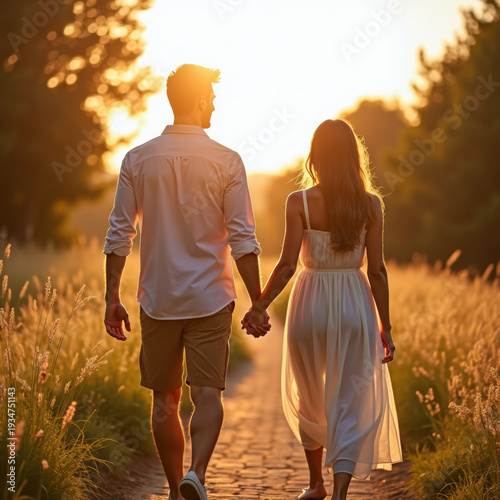 Couple holding hands while traveling in summer.