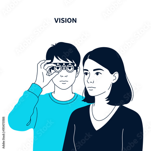Illustration Depicting Vision Care And Eye Examination With Individuals Assessing Sight Health
