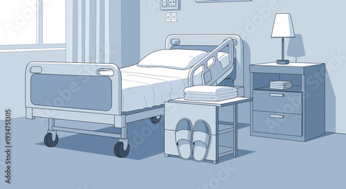 Illustration Of A Hospital Room With Adjustable Bed, Lamp, And Supporting Furniture