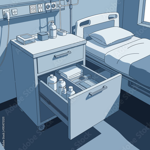 Illustration Of A Hospital Room Depicting Medical Supplies And Patient Bedside Furniture