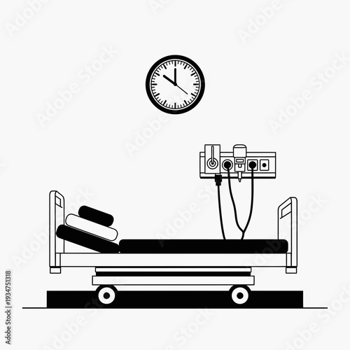 Illustration Of A Hospital Room With Medical Equipment And Timekeeping Device, Monochrome Style